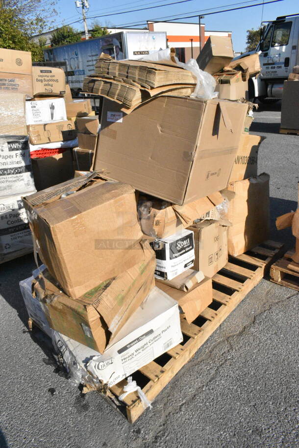 23 BRAND NEW Boxes Including 130CLFKSNH Choice Clear Heavy Weight Wrapped Plastic Cutlery Pack with Napkin - 500/Case, 394345LNoble NexGen Powder-Free Disposable Black Hybrid 3 Mil Thick Gloves - Large - 1000/Case, 394345L Noble NexGen Powder-Free Disposable Black Hybrid 3 Mil Thick Gloves - Large - 1000/Case, 433NACHOL Carnival King Large Two Compartment Plastic Nacho Tray - 500/Case, 433W20SHBGC Choice 20 lb. Shorty White Paper Bag - 500/Case, 245CPB10WHTPRINT Choice 10" x 10" x 2" White Corrugated Pizza Box - 50/Case. 23 Times Your Bid!  - Image 1 of 12