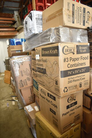 PALLET LOT of 32 BRAND NEW Boxes Including 612D3COMP Choice 8 1/2"x 6 3/8" 3-Compartment Oblong Foil Take-Out Container with Board Lid - 250/Case, 795PTOKFT3 Choice Kraft Microwavable Folded Paper #3 Take-Out Container 7 3/4" x 5 1/2" x 2 1/2" - 200/Case, 5008W Choice 8 oz. Tall White Poly Paper Hot Cup - 1000/Case, 2 Box Dart Foam Hinged Lid Containers, 164TBHRDWR8 Lancaster Table & Seating 12 Piece Floor Glide and Screw Table Base Hardware Kit, 5012433M1 Lavex Li'l Herc 12-16 Gallon 0.9 Mil 24" x 32" Low Density Medium-Duty Black Can Liner / Trash Bag - 250/Case, 394385L Noble Products White Powder-Free Disposable Latex Gloves for Foodservice - Large - 1000/Case, 760PCC05W Choice 5 oz. White Poly Paper Cold Cup - 3000/Case, 126MF883B3C Ecopax 8" x 8" 3-Compartment Microwaveable Black Mineral-Filled Plastic Hinged Take-Out Container - 150/Case. 32 Times Your Bid!