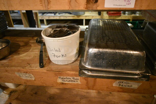 ALL ONE MONEY! 2 Tier Lot of Various Items Including Stainless Steel Drop In Bins and Silverware. (basement)  - Image 11 of 12