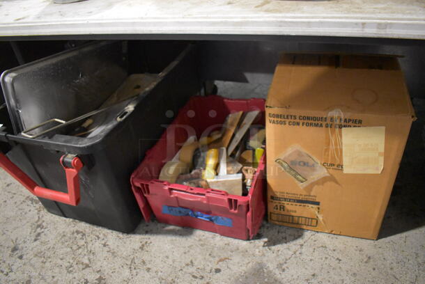 ALL ONE MONEY! Lot of Various Items Under Table Including Poly Bins, Metal Items and Bare Paper Cones - Image 3 of 10