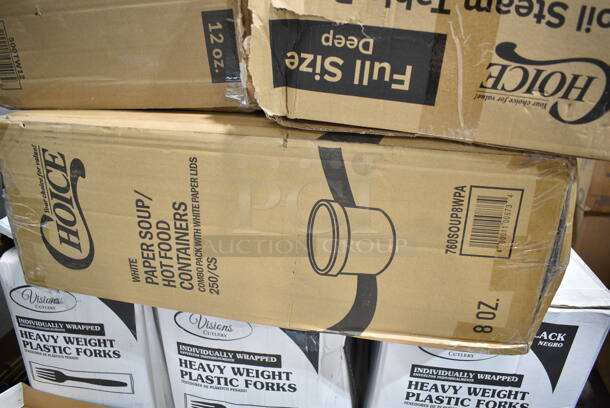 PALLET LOT of 26 BRAND NEW Boxes Including 61260507 Choice Full Size Foil Steam Table Pan Deep 3 3/8" Depth - Full Size Deep - 50/Case, 500TW12 Choice 12 oz. Translucent Thin Wall Plastic Cold Cup - 1000/Case, 760SOUP8WPA Choice 8 oz. White Double Poly-Coated Paper Food Cup with Vented Paper Lid - 250/Case, 7 Box 130HBKCUTFW Visions Individually Wrapped Black Heavy Weight Plastic Fork - 1000/Case, 2 Box 500CC20 Choice Clear PET Customizable Plastic Cold Cup - 20 oz. - 600/Case, Dart Y16T Conex Galaxy 16 oz. Translucent Tall Plastic Cold Cup - 1000/Case, 2 Box 612527L Choice 7" Round Foil-Laminated Board Lid - 500/Case, Dart 85HT1R 8" x 8" x 3" White Foam Square Take Out Container with Perforated Hinged Lid - 200/Case. 26 Times Your Bid! - Image 3 of 12