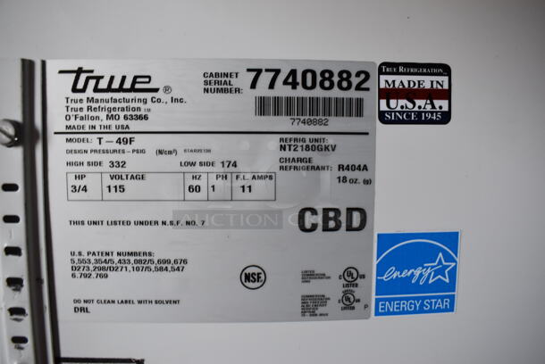 2013 True T-49F ENERGY STAR Stainless Steel Commercial 2 Door Reach In Freezer w/ Poly Coated Racks. 115 Volts, 1 Phase. Tested and Working! - Image 4 of 7