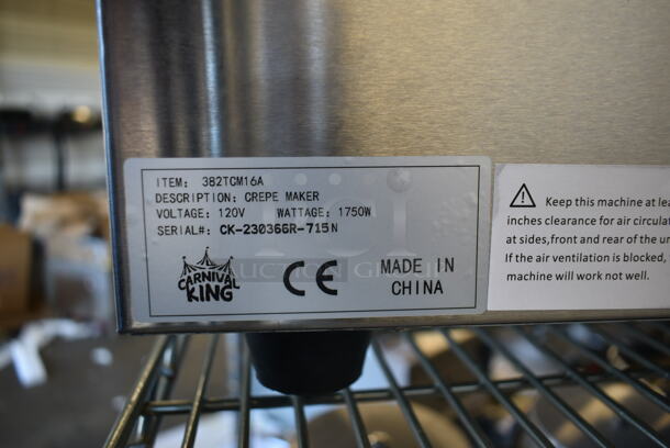 BRAND NEW SCRATCH AND DENT! 2023 Carnival King 382TCM16A Stainless Steel Commercial Countertop Crepe Maker. 120 Volts, 1 Phase. Tested and Working! - Image 5 of 5
