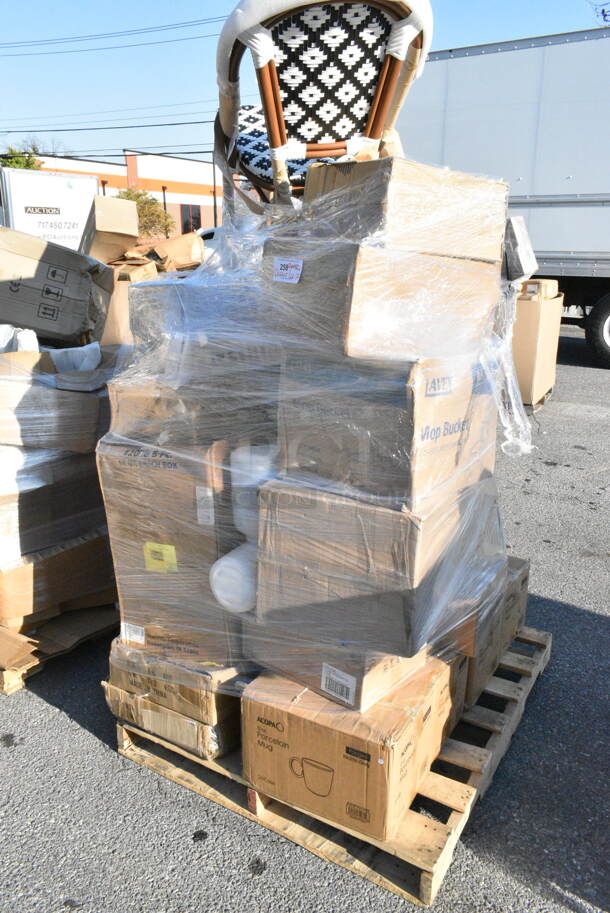 25 BRAND NEW Boxes Including V4025B Arcoroc Romeo 5 oz. Martini Glass by Arc Cardinal - 12/Case, 4 Box 303PNG12GY Acopa Pangea 12 oz. Ash Matte Porcelain Mug - 24/Case, 27140006CGN Carlisle 40006C09 Sparta 30" Green Multi-Purpose Cleaning Brush - 3" Bristle Diameter, 267010005 Choice Windsor 7" 18/0 Stainless Steel Dinner Fork - 12/Case, 267010008  Choice Windsor 8 3/8" Stainless Steel Dinner Knife - 12/Case, 267020002 Choice Dominion 5 7/8" 18/0 Stainless Steel Bouillon Spoon - 12/Case, 427CSRTBSBWB Lancaster Table & Seating Bistro Series Black and White Birdseye Weave Rattan Outdoor Side Chair, 274MOPBCKTBK Lavex 35 Qt. Black Mop Bucket & Side Press Wringer Combo, 128HD32COMBO Choice Heavy Duty 32 oz. Microwavable Translucent Plastic Deli Container and Lid Combo Pack - 240/Case, VacPak-It 186CVBZ812 8" x 12" Chamber Vacuum Packaging Bags with Zipper 3 Mil - 1000/Case, 999RP09 EcoChoice No PFAS Added Bamboo / Bagasse Blend 9" Plate - 125/Pack, 2 651CPDWLSS3 ServSense Wall-Mount Stainless Steel 32 - 44 oz. Cup Dispenser, 651CPDWLSS2 ServSense Wall-Mount Stainless Steel 10 - 24 oz. Cup Dispenser. 25 Times Your Bid!  - Image 1 of 12