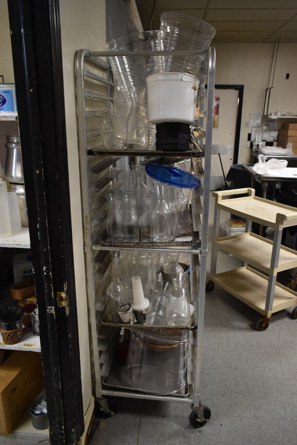 Metal Commercial Pan Transport Rack w/ Contents on Commercial Casters. (dish room)