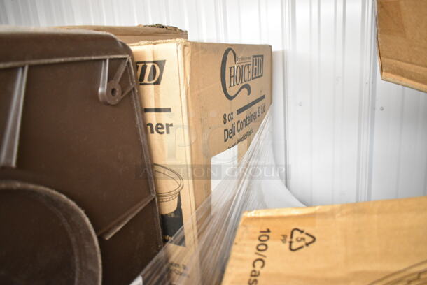 PALLET LOT of 20 BRAND NEW Boxes Including 2 Box 795PTOWHT4 Choice 7 7/8 x 5 1/2" x 3 1/2" White Microwavable Folded Paper #4 Take-Out Container - 160/Case, 3 Box 130WKFSNSPH Individually Wrapped Heavy Weight White Plastic Cutlery Pack with Napkin, 347SP6WH Visions Florence 6" Square White Plastic Plate - 120/Case, 2 Box 500CC10 Choice 10 oz. Clear PET Plastic Cold Cup - 1000/Case, 600GRSU2324C Regency Corrugated Top Glass Rack Storage Unit, Rubbermaid FG256B00BRN Glutton 56 Gallon Brown Square Trash Can. 20 Times Your Bid! - Image 6 of 9
