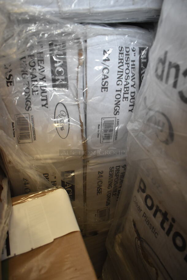PALLET LOT of 32 BRAND NEW Boxes Including 760SOUP16WPA Choice 16 oz. White Double Poly-Coated Paper Food Cup with Vented Paper Lid - 250/Case, 612FS1212 Choice Half Size Foil Steam Table Pan Shallow 1 1/2" Depth - 100/Case, 3 Box LKC16/24FX Fabri-Kal LKC16/24FX Kal-Clear / Nexclear 12 / 14, 16 / 18, 20, and 24 oz. Clear Plastic Flat Lid with Straw Slot - 1000/Case, 4 Box 395TO961 EcoChoice 9" x 6" x 3" Compostable Sugarcane / Bagasse 1 Compartment Take-Out Container - 200/Case, 2 Box Noble Medium Gloves, 2 Box Lavex C Fold Towels, Bakers Mark 10" Cake Circles, Various Choice Portion Cups, 4 Box 130TONG9HDBK Visions 9" Individually Wrapped Extra Heavy-Duty Black Disposable Polypropylene Tongs - 24/Case. 32 Times Your Bid!  - Image 12 of 12