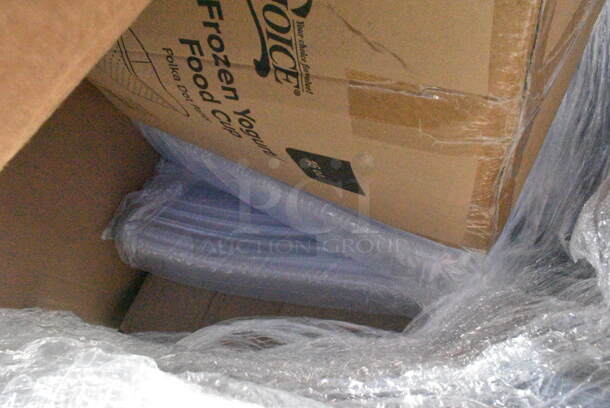 22 BRAND NEW Boxes Including 5008W Choice 8 oz. Tall White Poly Paper Hot Cup - 1000/Case, Dart 12J12 12 oz. White Customizable Foam Cup - 1000/Case, 760IC16PD Choice 16 oz. Polka Dot Paper Frozen Yogurt / Food Cup - 1000/Case, 346WKFSNM Choice Medium Weight White Wrapped Plastic Cutlery Set with Napkin - 250/Case, 5002WRAPNAPN EcoChoice WrapNap 2-Ply Natural Kraft 1/4 Fold Dinner Napkin 16" x 16", Dart PET16B PresentaBowls 16 oz. Clear Plastic Bowl , 394365L Noble Products Powder-Free Disposable Clear Vinyl Gloves for Foodservice - Large - 1000/Case, 50012RIPKRPE Choice 12 oz. Double Wall Ripple Kraft Paper Hot Cup - 500/Case, 5014046M1 Lavex Li'l Herc 45 Gallon 1.2 Mil 40" x 46" Low Density Medium-Duty Clear Can Liner / Trash Bag. 22 Times Your Bid!  - Image 7 of 12
