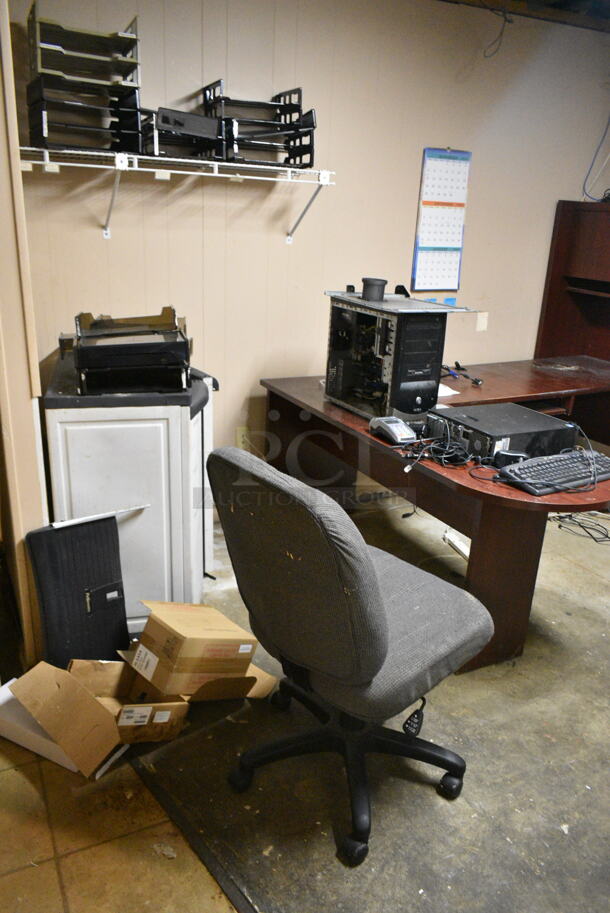 ALL ONE MONEY! Room Lot of Various Items Including Desk, Office Chair, Filing Cabinet, Wire Shelving. BUYER MUST REMOVE: Bring Tools and Manpower Needed To Remove This Item. (basement)  - Image 3 of 4