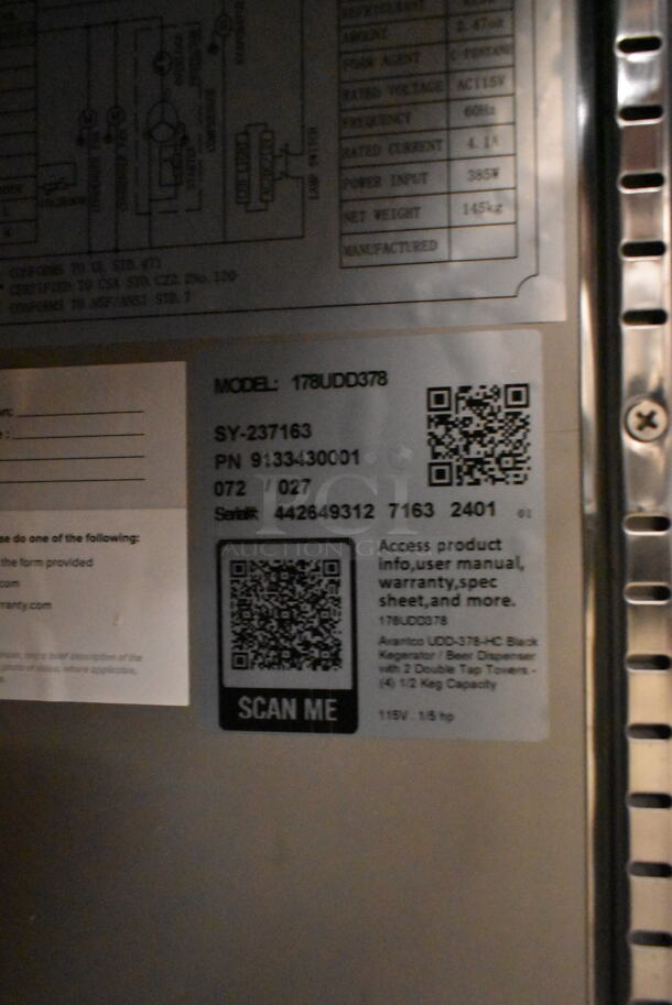 BRAND NEW SCRATCH AND DENT! 2024 Avantco 178UDD378 Metal Commercial Black Kegerator / Beer Dispenser with 2 Double Tap Towers - (4) 1/2 Keg Capacity. 115 Volts, 1 Phase. Tested and Working! - Image 11 of 11