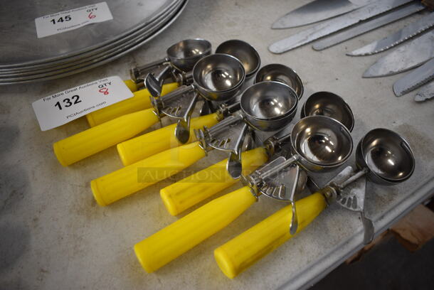 8 Stainless Steel Scoops w/ Yellow Handle. 8.5". 8 Times Your Bid! - Image 3 of 3