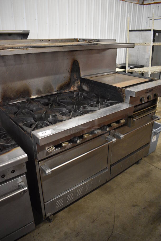 Garland SunFire Stainless Steel Commercial Natural Gas Powered 6 Burner Range w/ Flat Top Griddle, 2 Ovens, Over Shelf and Back Splash on Commercial Casters. 60x34x60