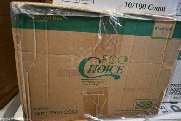 PALLET LOT of 21 BRAND NEW Boxes Including Choice Take Out Container, Tellus 433470 Bowls, 50012DWALLW Choice 12 oz. White Smooth Double Wall Paper Hot Cup - 500/Case, 760IC12G Choice 12 oz. Green Paper Frozen Yogurt / Food Cup - 1000/Case, 3 Box Choice 1.5 oz Portion Cups,  795PTOKFT1 Choice 4 5/8" x 3 1/2" x 2 1/2" Kraft Microwavable Folded Paper #1 Take-Out Container - 450/Case, 3 Box Medium Weight Cutlery Sets, 5002BNAPWH Choice 2-Ply White Beverage / Cocktail Napkin - 3000/Case, 394360M Noble Products Powdered Disposable Vinyl Gloves for Foodservice - 1000/Case, 395TO961 EcoChoice 9" x 6" x 3" Compostable Sugarcane / Bagasse 1 Compartment Take-Out Container - 200/Case, 274MOPBCKTYE Lavex 35 Qt. Yellow Mop Bucket & Side Press Wringer Combo. 21 Times Your Bid!  - Image 11 of 12