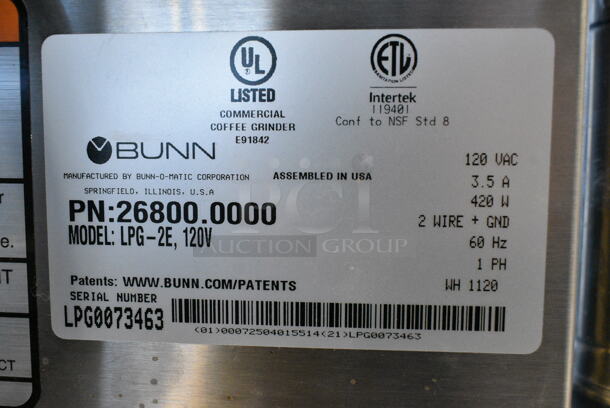 2020 Bunn LPG-2E Stainless Steel Commercial Coffee Bean Grinder. 120 Volts, 1 Phase. Tested and Working! - Image 6 of 6