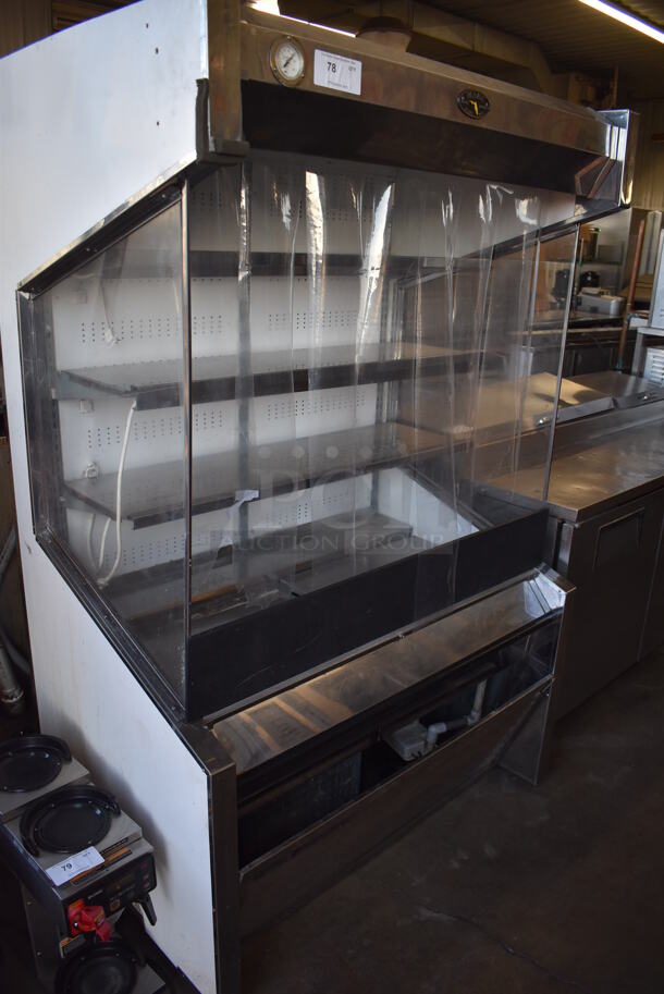 Marc Stainless Steel Commercial Open Grab N Go Merchandiser w/ Metal Shelves. 115 Volts, 1 Phase. 50x35x77. Tested and Powers On But Temps at 50 Degrees