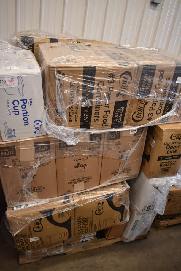 PALLET LOT of 27 BRAND NEW Boxes Including 3 Box 6SJ12 Dart 6SJ12 6 oz. White Customizable Foam Food Container - 1000/Case, 2 Box 500CC12 Choice Clear PET Customizable Plastic Cold Cup - 12 oz. - 1000/Case, 2 Box Choice #3 Paper Food Containers, 127P100C Choice 1 oz. Clear Plastic Souffle Cup / Portion Cup - 2500/Case, 500LDOMEW Choice 9 oz., 12 oz., 16 oz., 20 oz., 24 oz. Clear PET Dome Lid with 2" Hole - 1000/Case, CTR32BD Dart SafeSeal 32 oz. Plastic Tamper-Resistant, Tamper-Evident Bowl with Dome Lid - 150/Case. 27 Times Your Bid!  - Image 1 of 11