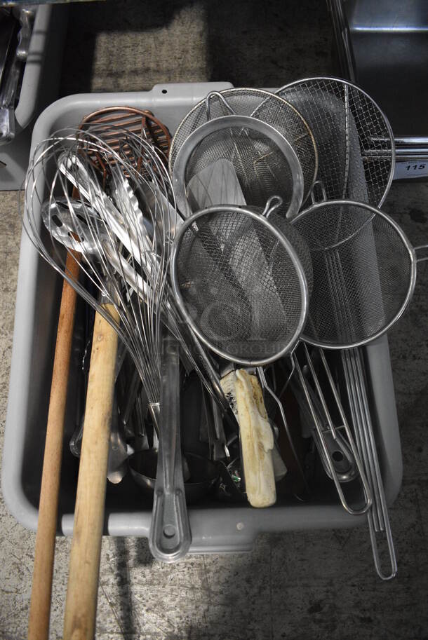 ALL ONE MONEY! Lot of Various Utensils Including Skimmers and Tongs in Gray Poly Bus Bin!