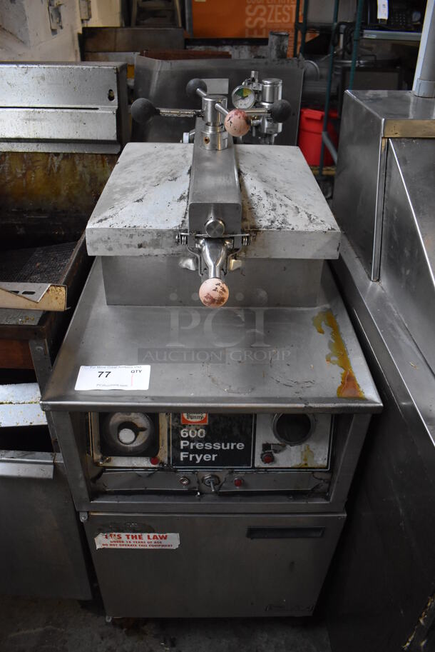 Henny Penny 600RB Stainless Steel Commercial Floor Style Natural Gas Powered Pressure Fryer on Commercial Casters. 18x40x48