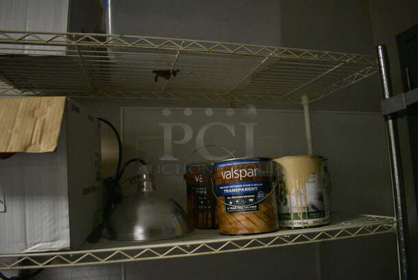 White Finish 5 Tier Wire Shelving Unit w/ Contents Including Paint, Boards and Sugar Caddies. BUYER MUST REMOVE. BUYER MUST DISMANTLE. PCI CANNOT DISMANTLE FOR SHIPPING. PLEASE CONSIDER FREIGHT CHARGES. 48x18x75. (kitchen) - Image 7 of 8