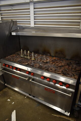 Vulcan 60L Stainless Steel Commercial Natural Gas Powered 10 Burner Range w/ 2 Ovens, Over Shelf and Back Splash.