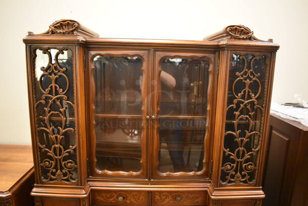 Ornate Hard Wood Victorian Style China Cabinet w/ 5 Drawers and 4 Cabinets. - Image 3 of 12