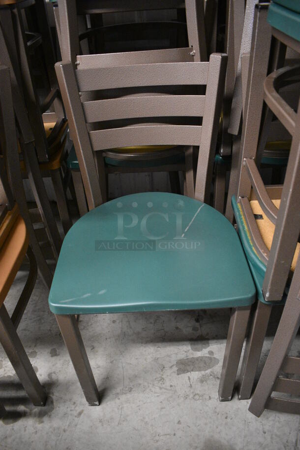 6 Brown Metal Dining Chairs w/ Green Seat. Stock Picture - Cosmetic Condition May Vary. 17x16x32. 6 Times Your Bid!