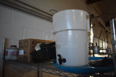 ALL ONE MONEY! Tier Lot of Various Items Including Poly Dispenser, Trays, 3 Ecolab Solid Power Cleaner and Funnel Cake Mix 