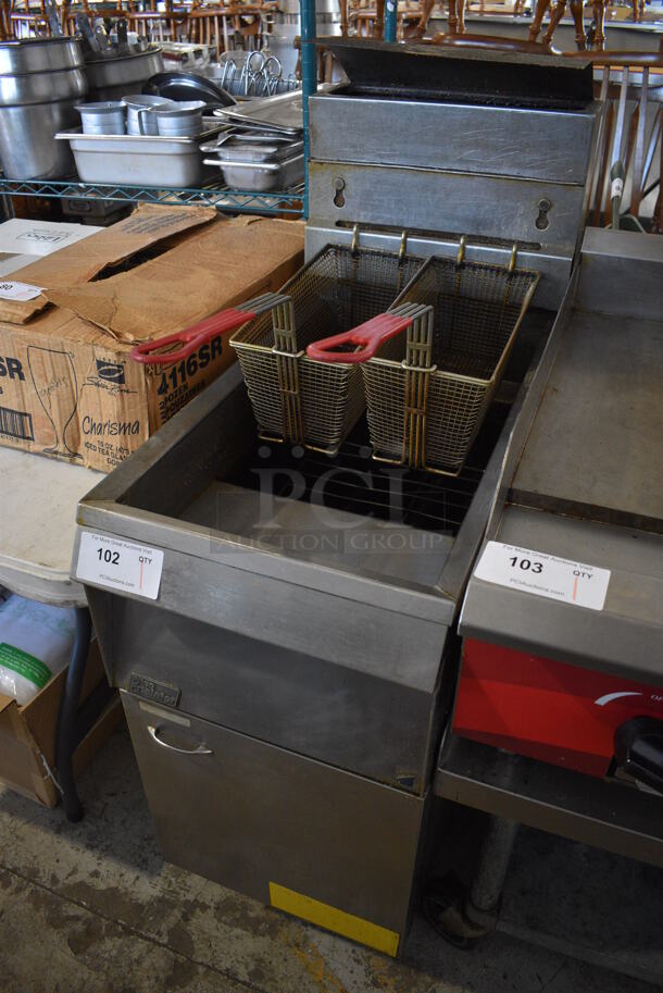 Pitco Frialator 14 Stainless Steel Commercial Floor Style Natural Gas Powered Deep Fat Fryer w/ 2 Metal Fry Baskets on Commercial Casters. 110,000 BTU. 15.5x30x50 - Image 2 of 8