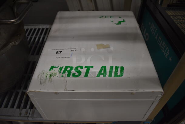 White Metal First Aid Kit w/ Contents. 14x7.5x16.5