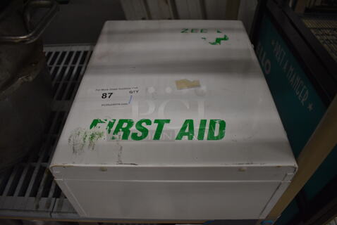 White Metal First Aid Kit w/ Contents. 14x7.5x16.5
