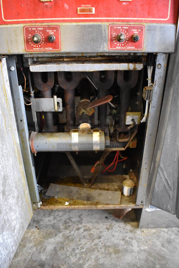 Vulcan 30RD45 Stainless Steel Commercial Floor Style Natural Gas Powered 2 Bay Deep Fat Fryer w/ Center Dumping Station on Commercial Casters. Missing Caster. 240,000 BTU. 47x35x58 - Image 11 of 12