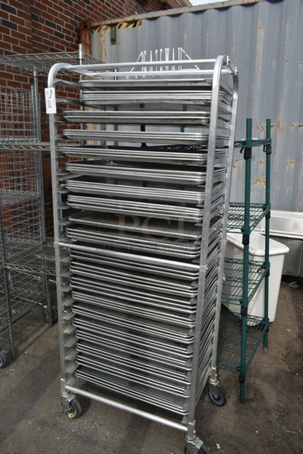 Metal Pan Transport Rack w/ 56 Baking Pans on Commercial Casters.