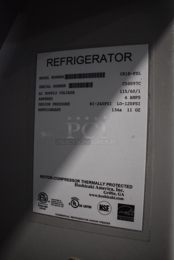 Hoshizaki Model CR1B-FSL Stainless Steel Commercial Single Door Reach In Cooler w/ Poly Coated Racks on Commercial Casters. 115 Volts, 1 Phase. 27.5x34x79. Tested and Working! - Image 5 of 5