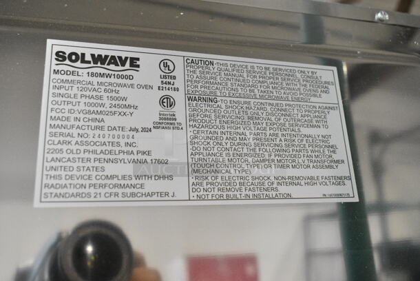 BRAND NEW SCRATCH AND DENT! 2024 Solwave 180MW1000D Stainless Steel Commercial Countertop Microwave with Dial Control. 120 Volts, 1 Phase.  - Image 7 of 7
