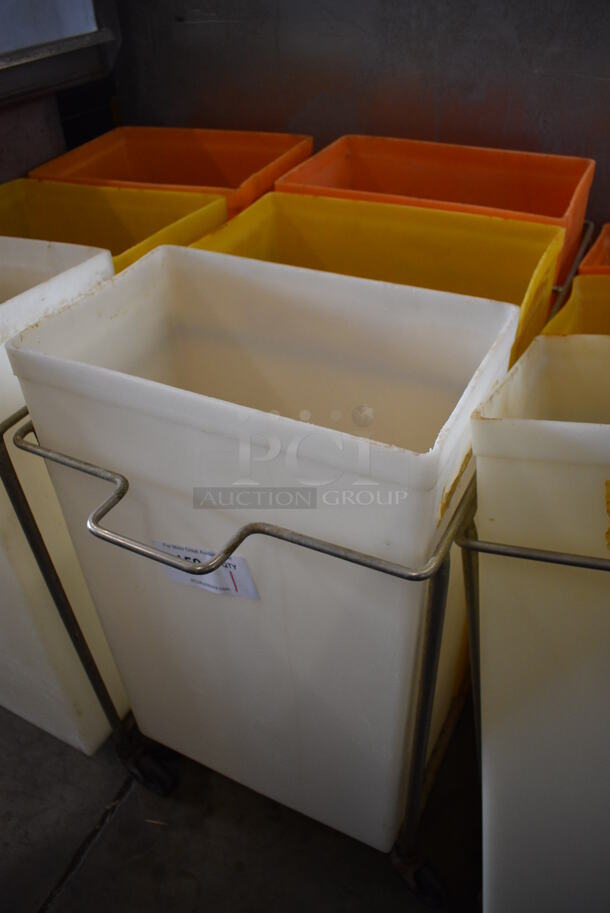 Three Poly Ingredient Bins; White, Yellow and Orange in Metal Frame on Commercial Casters. No Lids. 15x32x28 - Image 2 of 4