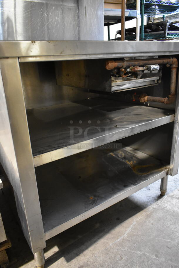 Garland Stainless Steel Commercial Natural Gas Powered 2 Burner Range w/ Salamander Cheese Melter and 2 Under Shelves. - Image 4 of 4