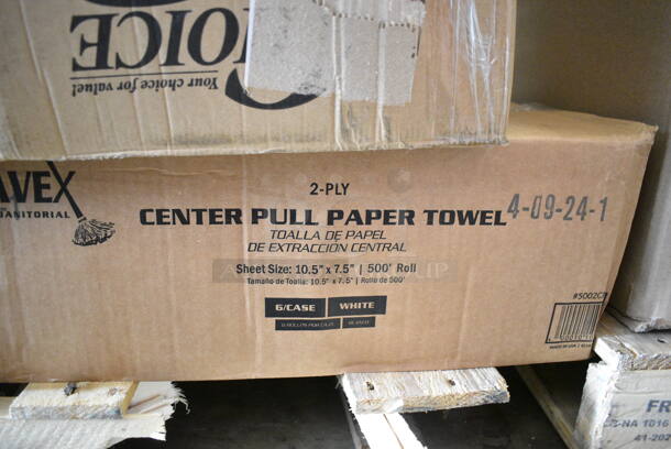 PALLET LOT of 45 BRAND NEW Boxes Including 5002386022BLK Lavex 55-60 Gallon 22 Micron 38" x 60" High Density Black Janitorial Can Liner / Trash Bag - 150/Case, 394365L Noble Products Powder-Free Disposable Clear Vinyl Gloves for Foodservice - Large - 1000/Case, 2 Box 130BSPOON Choice Medium Weight Black Plastic Teaspoon - 1000/Case, 394325L Noble NexGen Powder-Free Disposable Blue Hybrid 3 Mil Thick Gloves - 1000/Case, 5002CPTE Lavex 2-Ply White Center Pull Paper Towel 510' Roll - 6/Case, 612558HD Choice 8" Round Heavy Weight Foil Take-Out Pan - 500/Case, 3 Box Lavex Hardwound 665' Rolls, 128HD32COMBO ChoiceHD 32 oz. Microwavable Translucent Plastic Deli Container and Lid Combo Pack - 240/Case, 2 Box 346WKFSNSPM Choice White Medium Weight Wrapped Plastic Cutlery Pack with Napkin and Salt / Pepper Packets - 500/Case, 500CC12 Choice Clear PET Customizable Plastic Cold Cup - 12 oz. - 1000/Case, Tellus Round Domed Lids, 407PZS12BULK Choice Bulk 12" Aluminum Pizza Screen - 24/Case, 130LID16 Visions 16" Clear PET Plastic Round Catering Tray High Dome Lid - 25/Case. 45 Times Your Bid!  - Image 8 of 12