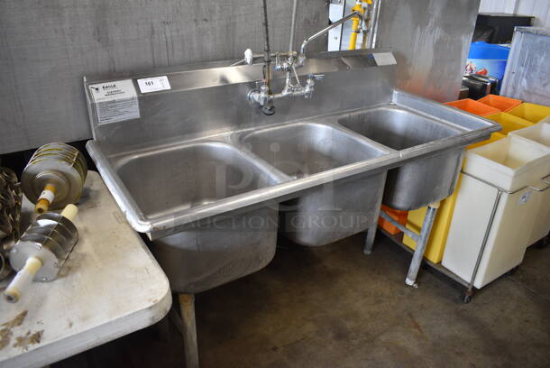 Eagle Stainless Steel Commercial 3 Bay Sink w/ Faucet, Handles and Spray Nozzle Attachment. 57x25x41. Bays 16x19x10