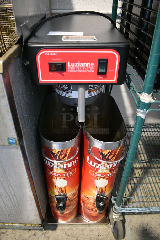 2018 Bunn TB3Q Stainless Steel Commercial Countertop Iced Tea Machine w/ Poly Brew Basket and 2 Metal Beverage Holder Dispensers. No Lids. 120 Volts, 1 Phase. 12x24x35 - Image 1 of 5