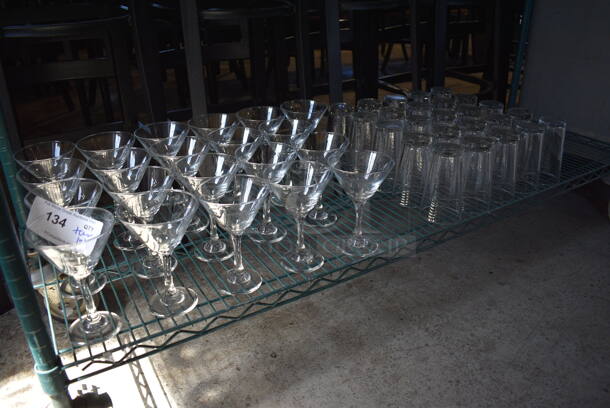 ALL ONE MONEY! Tier Lot of Approximately 21 Martini Glasses and 25 Beverage Glasses Includes 4.5x4.5x6.5, 3.5x3.5x6