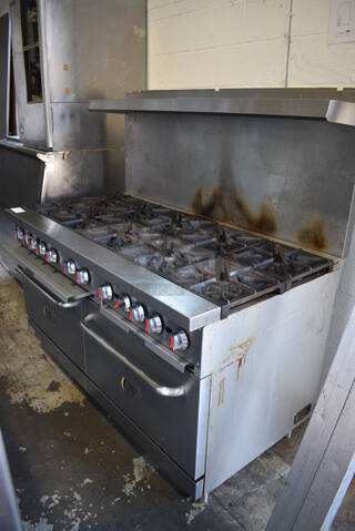 CPG 351S60N Stainless Steel Commercial Natural Gas Powered 10 Burner Range w/ 2 Ovens, Over Shelf and Back Splash. 360,000 BTU. 60x33x61