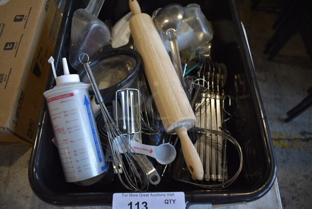 ALL ONE MONEY! Lot of Various Utensils Including Rolling Pin and Serving Spoon in Black Poly Bus Bin - Image 2 of 4