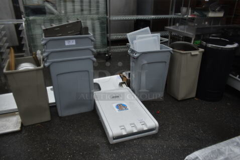 ALL ONE MONEY! Lot of Various Items Including Gray Poly Slim Jim Trash Cans and Koala Kare Diaper Changing Station.