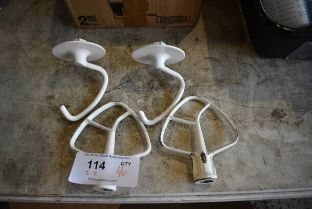 4 White Metal Mixer Attachments for KitchenAid Mixer; 2 Dough Hook and 2 Paddles. 5x2x6, 4x4x6. 4 Times Your Bid!