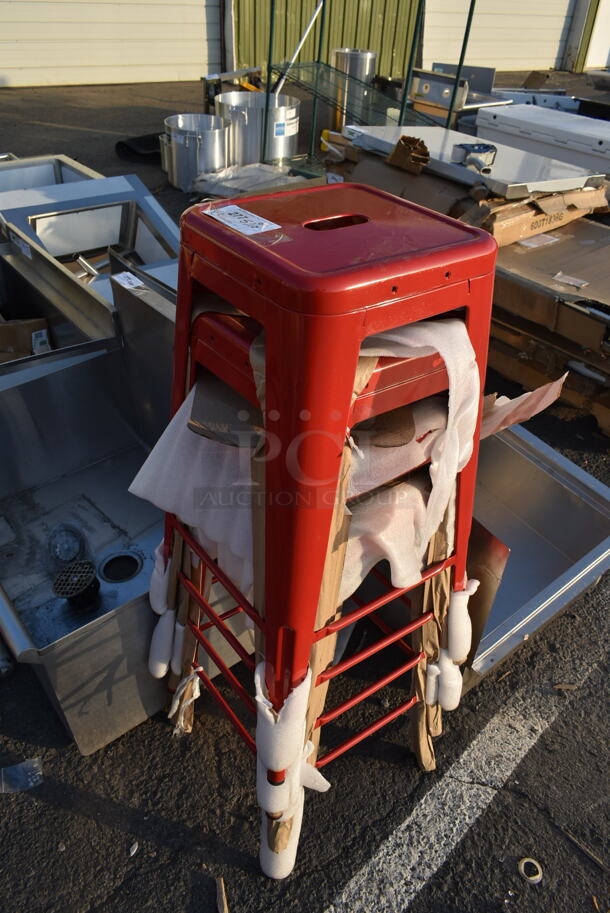 3 BRAND NEW SCRATCH AND DENT! Red Metal Tolix Style Bar Height Stool. 3 Times Your Bid! - Image 1 of 5