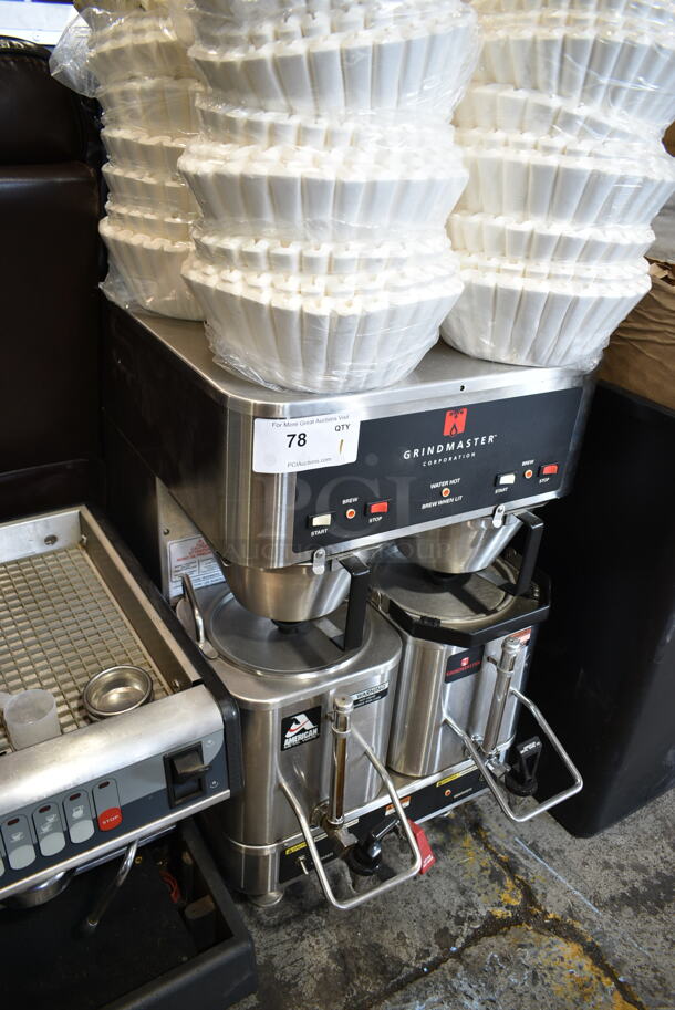 Grindmaster AP-400E Stainless Steel Commercial Countertop Double Coffee Machine w/ Hot Water Dispenser, 2 Metal Brew Basket and Brew Basket Filters. 208/240 Volts, 1 Phase.  - Image 2 of 11