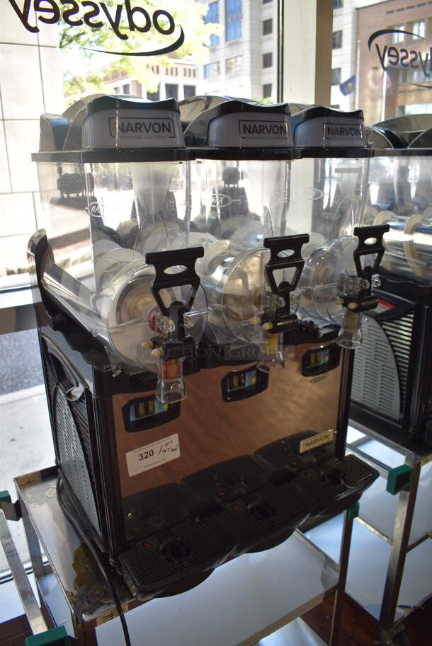 Narvon OASIS 3-10 Stainless Steel Commercial Countertop 3 Hopper Slushie Machine on Stainless Steel 3 Tier Cart. 23x21x33, 19x31x31. Item Was in Working Condition on Last Day of Business. (lounge) - Image 3 of 6