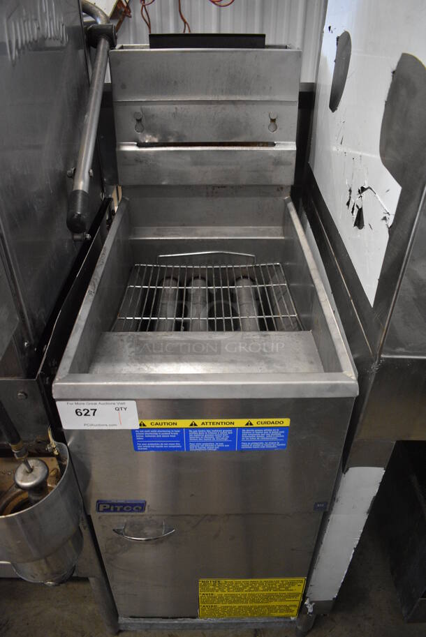 2018 Pitco Frialator Model 40C Stainless Steel Commercial Floor Style Natural Gas Powered Deep Fat Fryer. 105,000 BTU. 15.5x30x48
