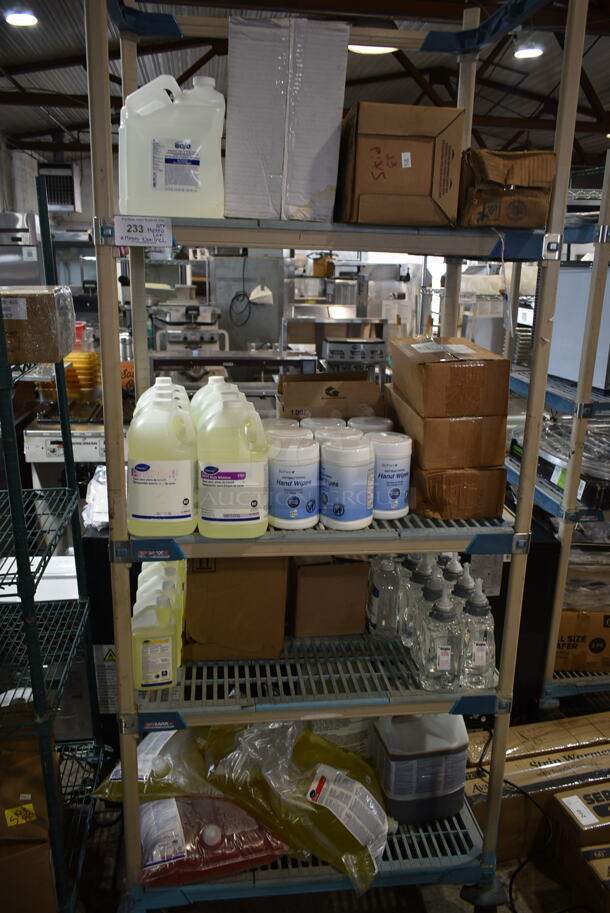 ALL ONE MONEY! Metro Lot of Various Items Including GoJo Hair and Body Wash Jugs, Diversey Block Whitener Jugs and BioPure Hand Wipes. Shelving Unit Is Not Included