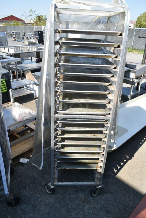 Metal Commercial Pan Transport Rack on Commercial Casters w/ Metal Baking Pans and Clear Cover.  - Image 5 of 8